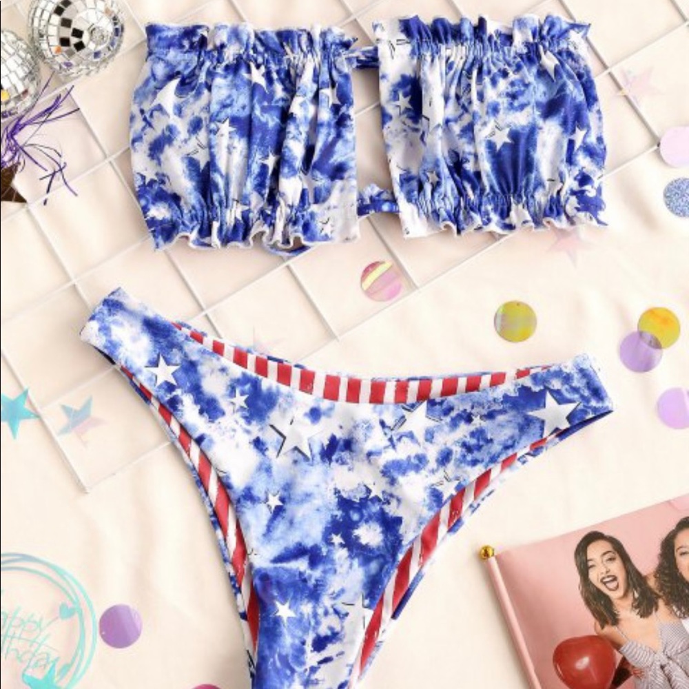 Patriotic American Flag Tie Dye Ruffle Reversible Bikini - Size Small